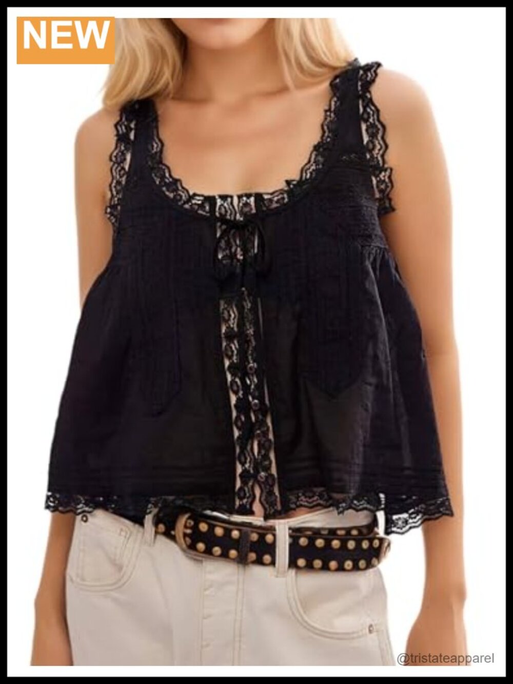 WINSASI Boho Lace Tank Top Cotton Sleeveless Button-Tie Front Crop Summer